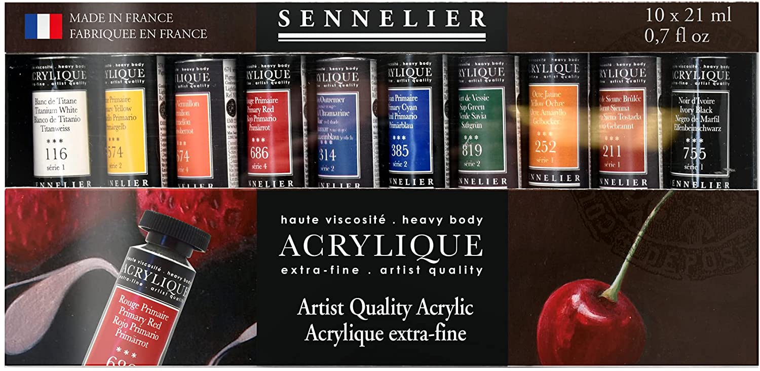 Sennelier heavy body Extra-Fine Acrylique (Artist Quality Acrylic) Set Of 10 X 21 Ml (0.7 Fl Oz) Tubes